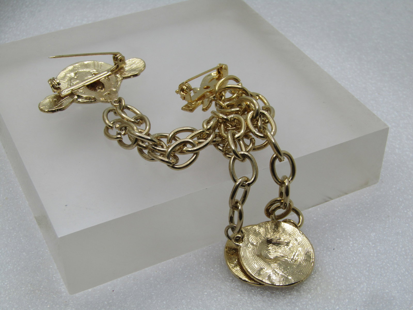 Vintage Faux Coin Double Pin Brooch with Chain, 1970's Statement - 4