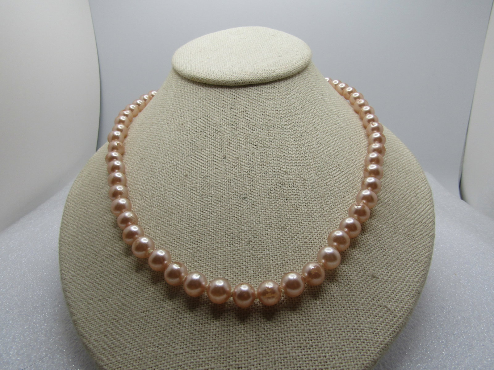 Vintage Blush Faux Pearl Necklace, 8mm 24", 1940's-1950's: Title: Vintage Blush Faux Pearl Necklace, 8mm 24", 1940's-1950's Description: Vintage Blush Faux Pearl Necklace, 8mm 24", 1940's-1950's. Silver tone floral blossom box clasp. The clasp wasmissing the 