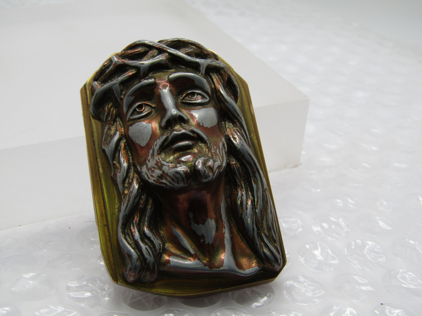 Vintage Brass Copper Jesus and Guardian Angel Pocket Art - 2