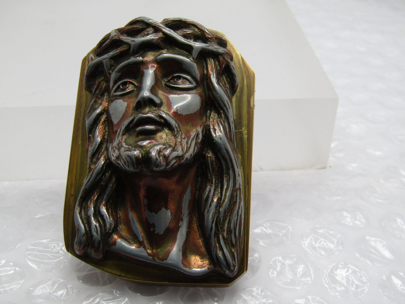 Vintage Brass Copper Jesus and Guardian Angel Pocket Art - 3