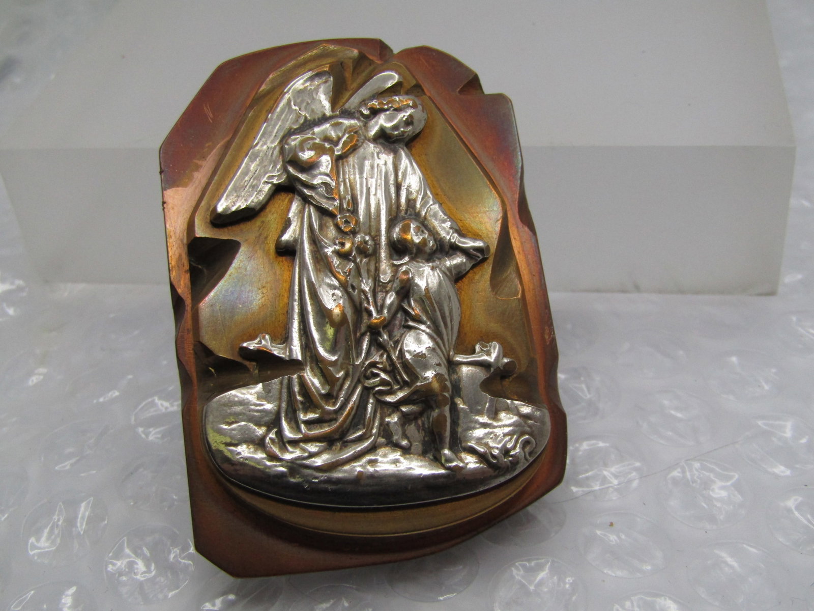 Vintage Brass Copper Jesus and Guardian Angel Pocket Art - 4