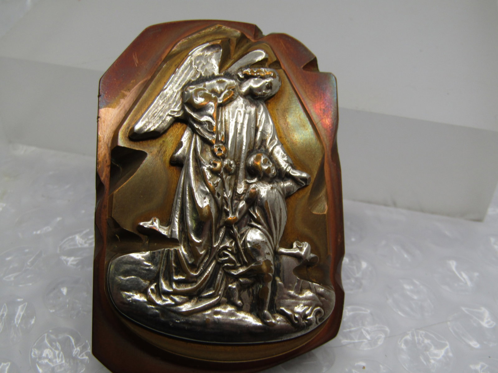 Vintage Brass Copper Jesus and Guardian Angel Pocket Art - 5