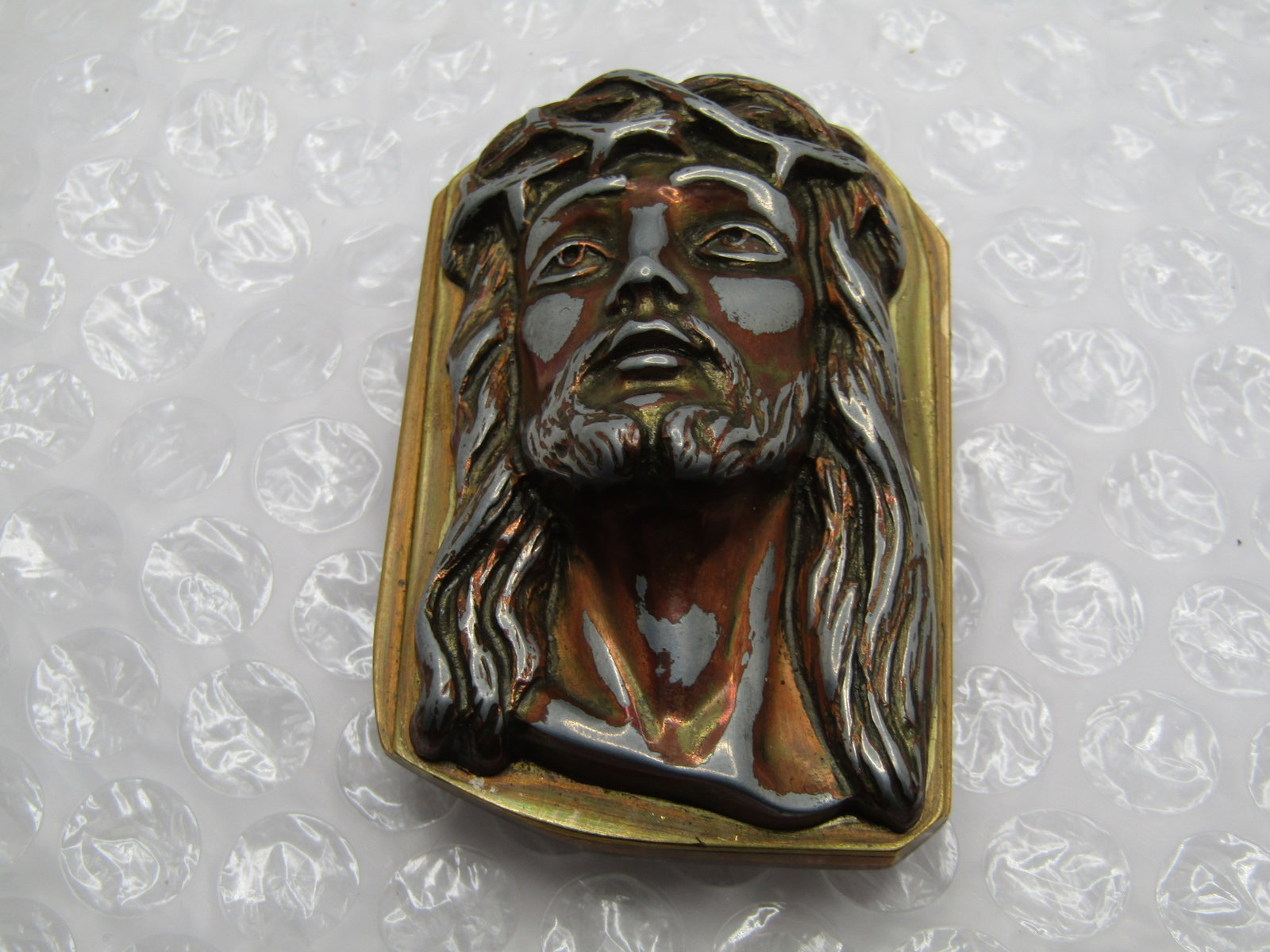 Vintage Brass Copper Jesus and Guardian Angel Pocket Art - 6