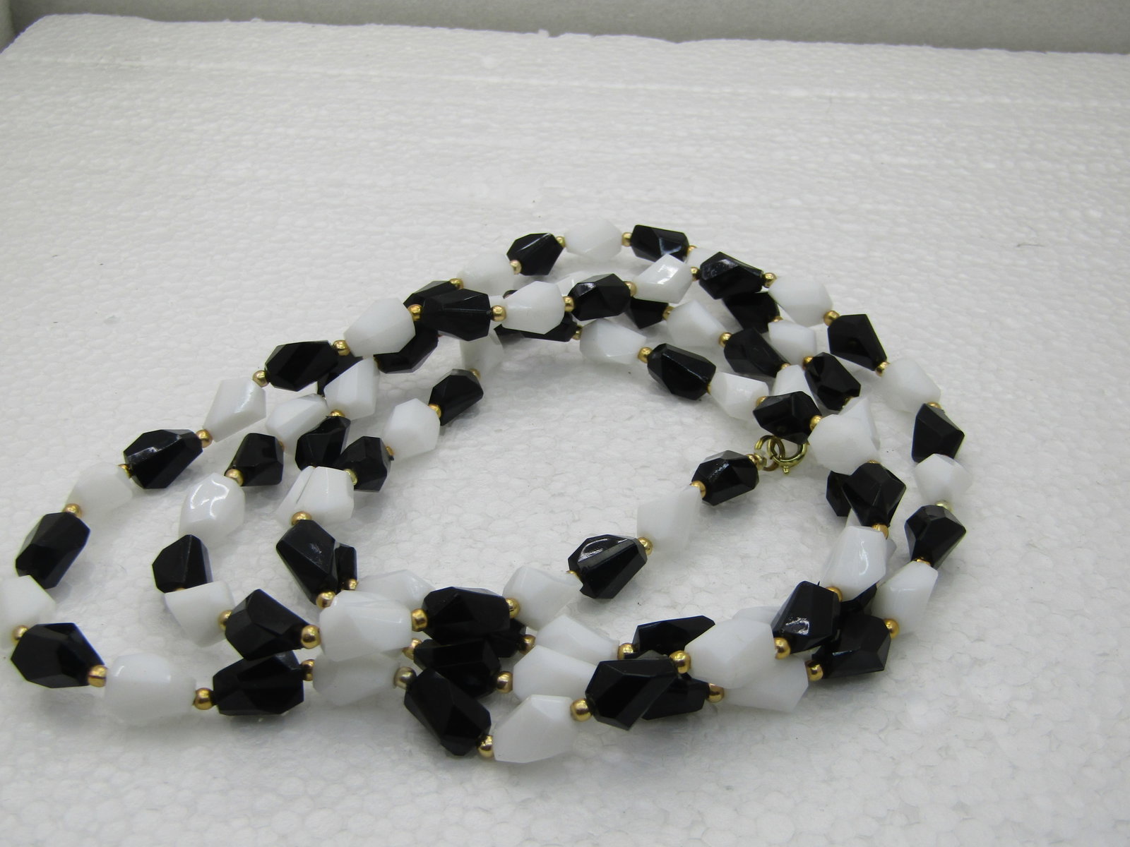 Vintage Black and White Lucite Beaded Necklace, 52", 1970's-1980's - 2