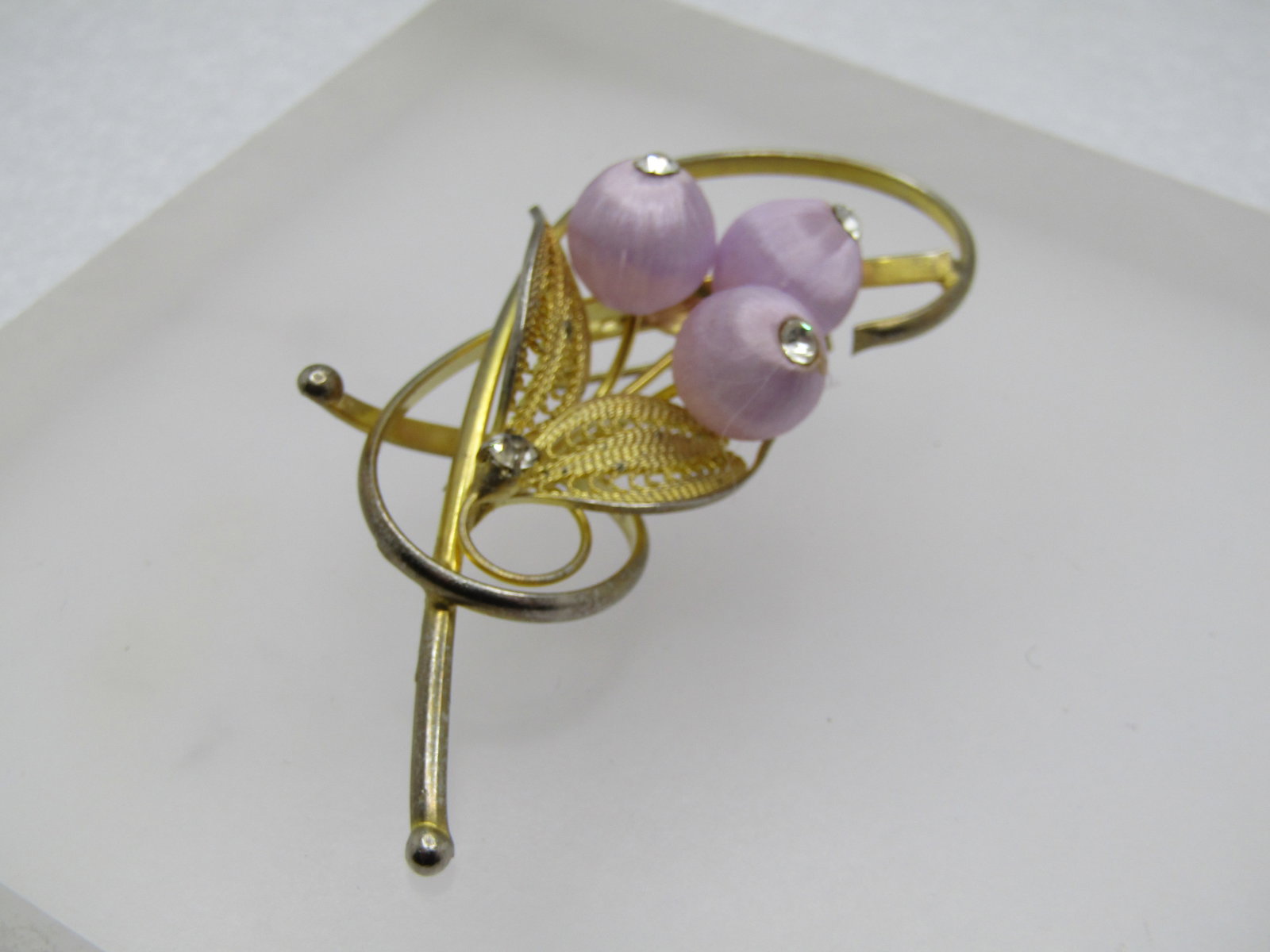 Vintage Lavender Threaded Floral Filigree Brooch, Rhienstones, 1960's-1970's (1 of 5)