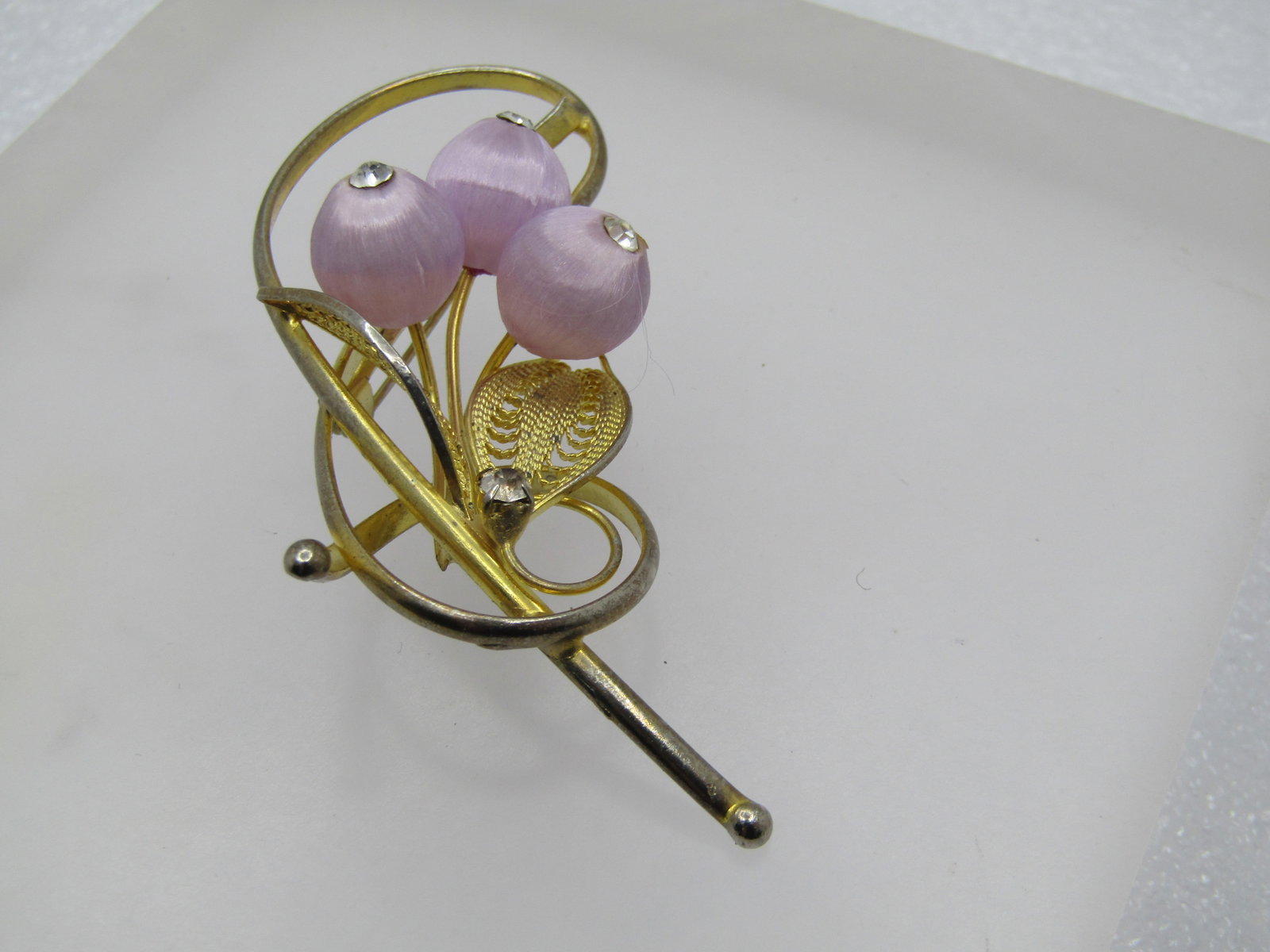 Vintage Lavender Threaded Floral Filigree Brooch, Rhienstones, 1960's-1970's - 2