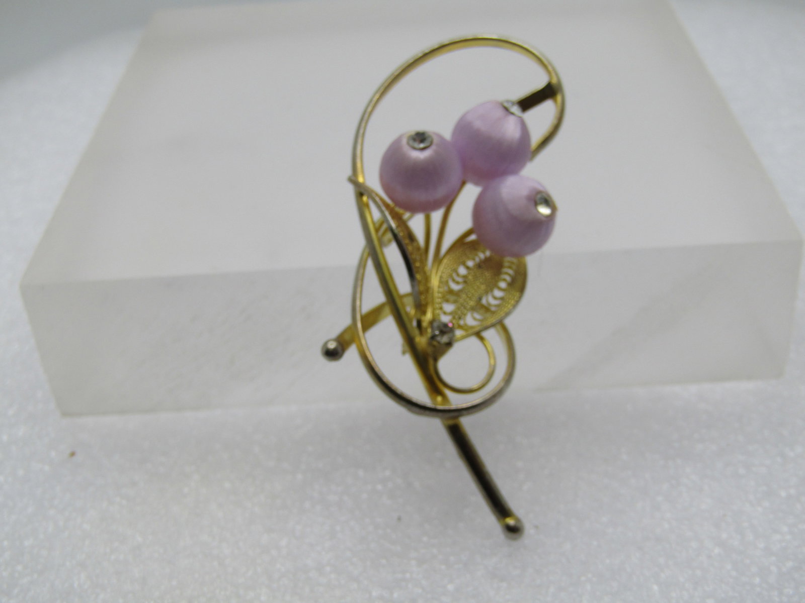 Vintage Lavender Threaded Floral Filigree Brooch, Rhienstones, 1960's-1970's - 3