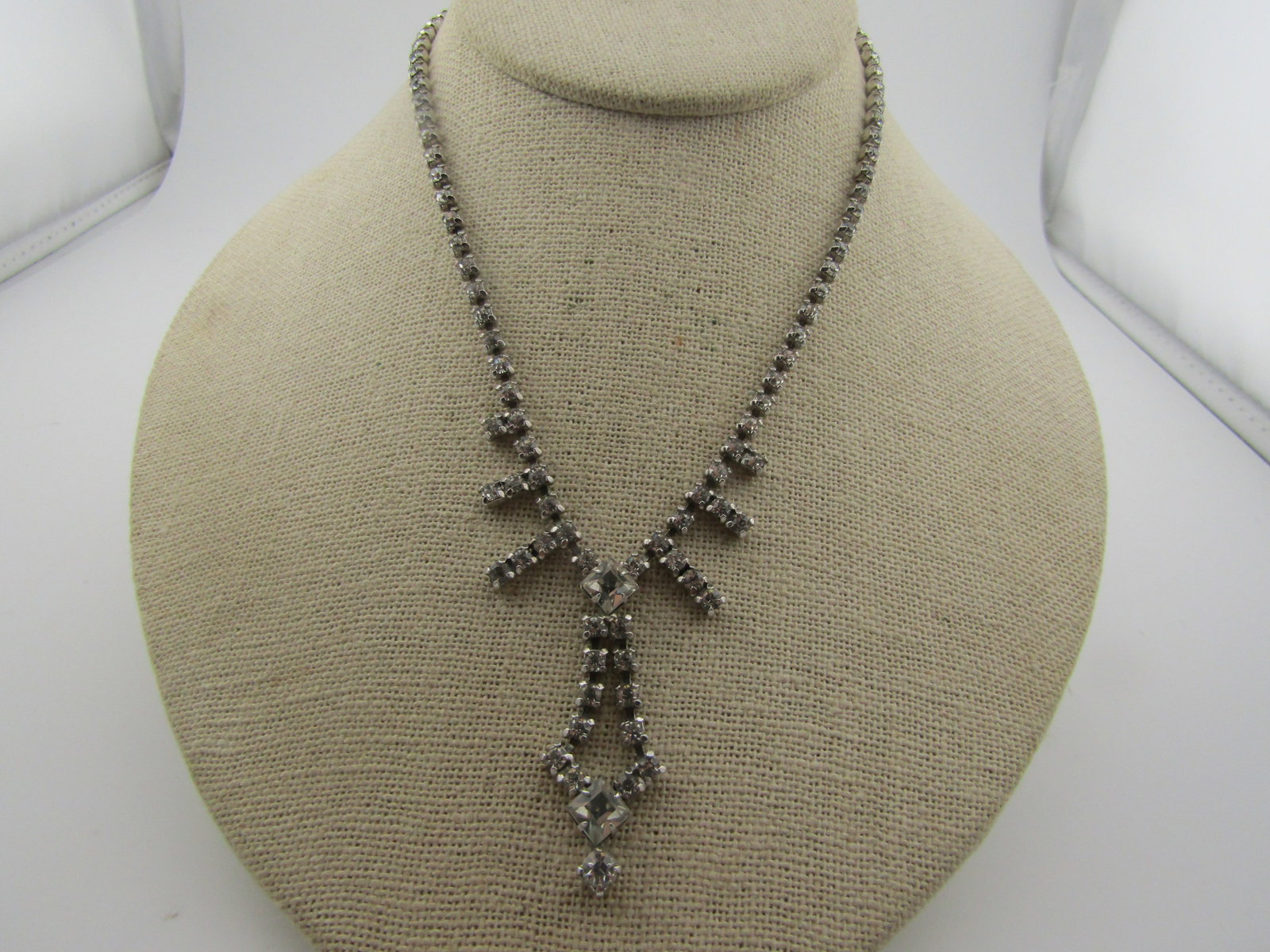 Vintage Clear Rhinestone Drop Necklace, 15", 1950's-1960's (1 of 9)