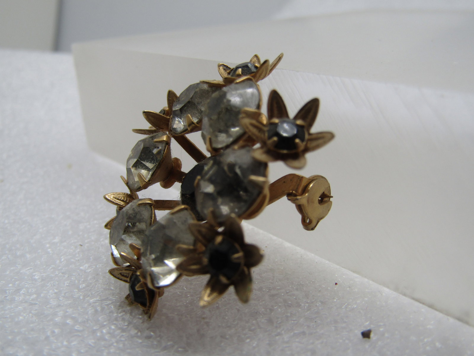 Vintage Black and Clear Rhinestone Floral Brooch, 1940's - 2