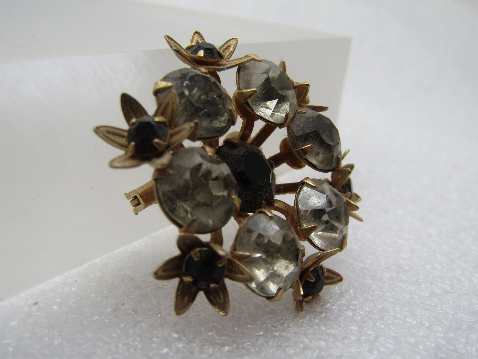 Vintage Black and Clear Rhinestone Floral Brooch, 1940's - 3