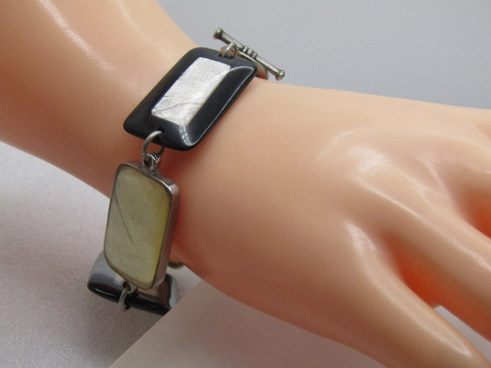 Vintage Mother-of-Pearl Bracelet, 8", Black Framed, 1980's-1990's: Title: Vintage Mother-of-Pearl Bracelet, 8", Black Framed, 1980's-1990's Description: Vintage Mother-of-Pearl Bracelet, 8", Black Framed, 1980's-1990's. Rectangular links with the center link the