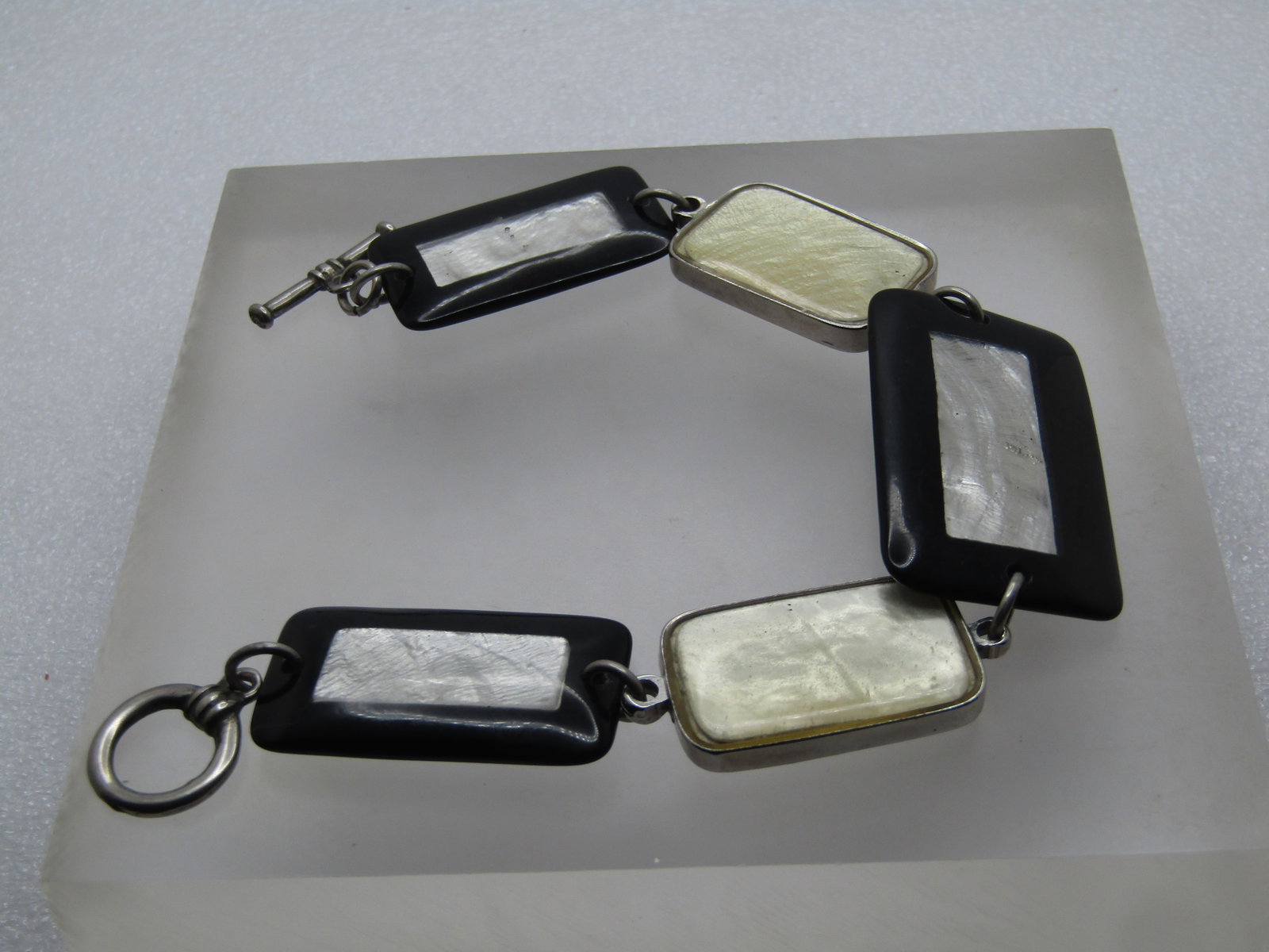 Vintage Mother-of-Pearl Bracelet, 8", Black Framed, 1980's-1990's - 4