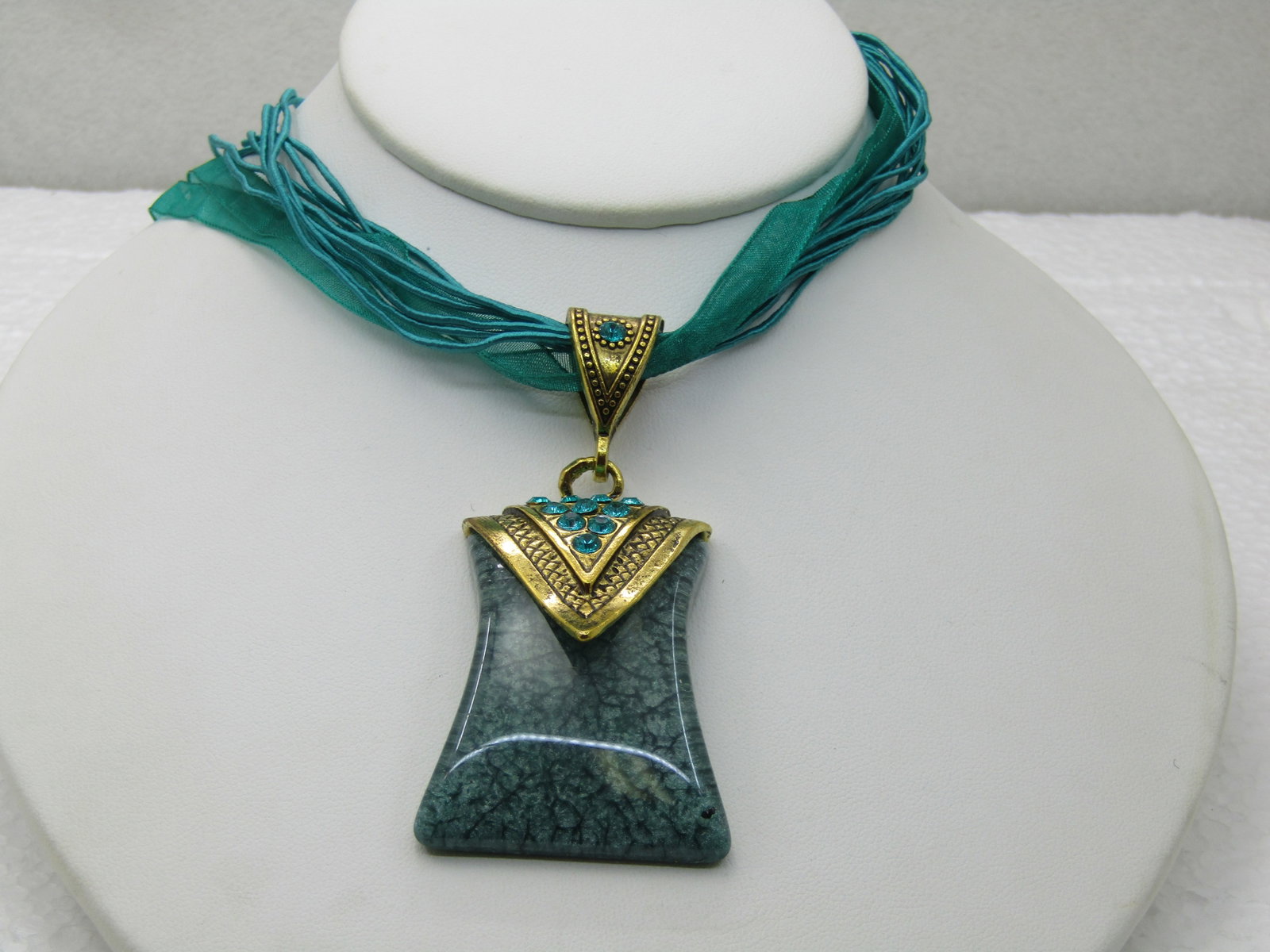 Teal Pendant on 16" Teal Multi-Strand Ribbon Necklace with Rhinestones (1 of 6)