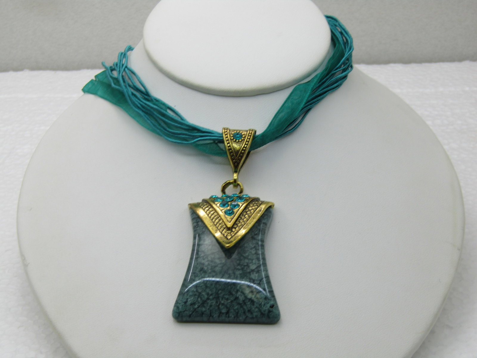 Teal Pendant on 16" Teal Multi-Strand Ribbon Necklace with Rhinestones - 2