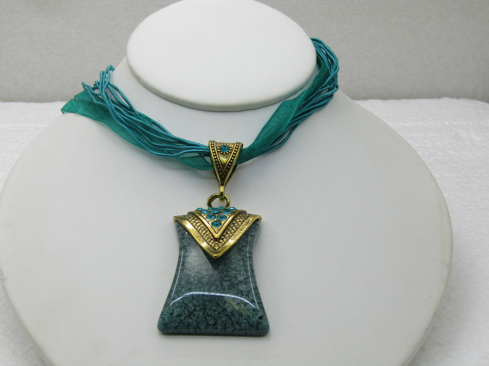 Teal Pendant on 16" Teal Multi-Strand Ribbon Necklace with Rhinestones - 3