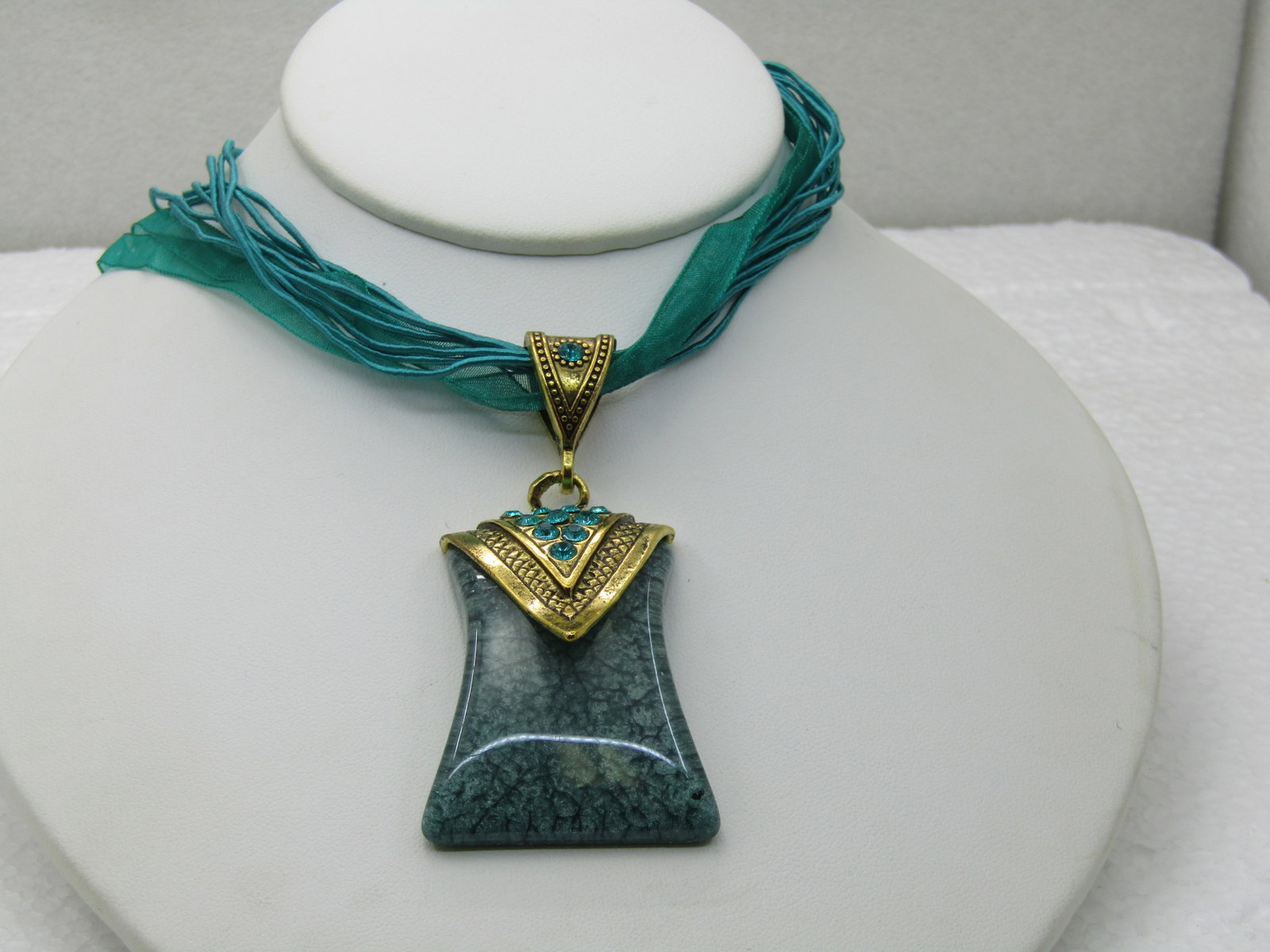 Teal Pendant on 16" Teal Multi-Strand Ribbon Necklace with Rhinestones - 4