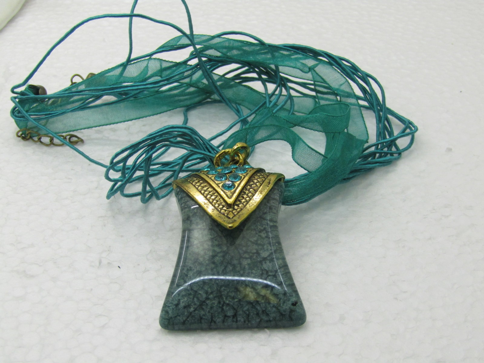 Teal Pendant on 16" Teal Multi-Strand Ribbon Necklace with Rhinestones - 6