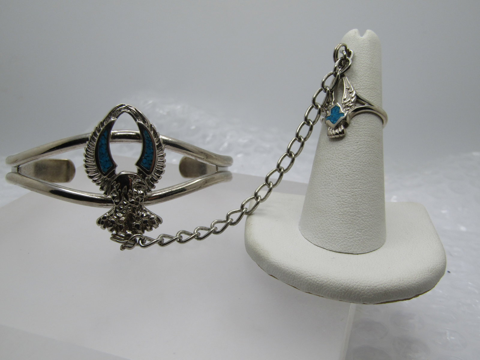 Turquoise Chip Biker Bracelet with Attached Ring, 7" and Ring is Sz. 6 (1 of 5)