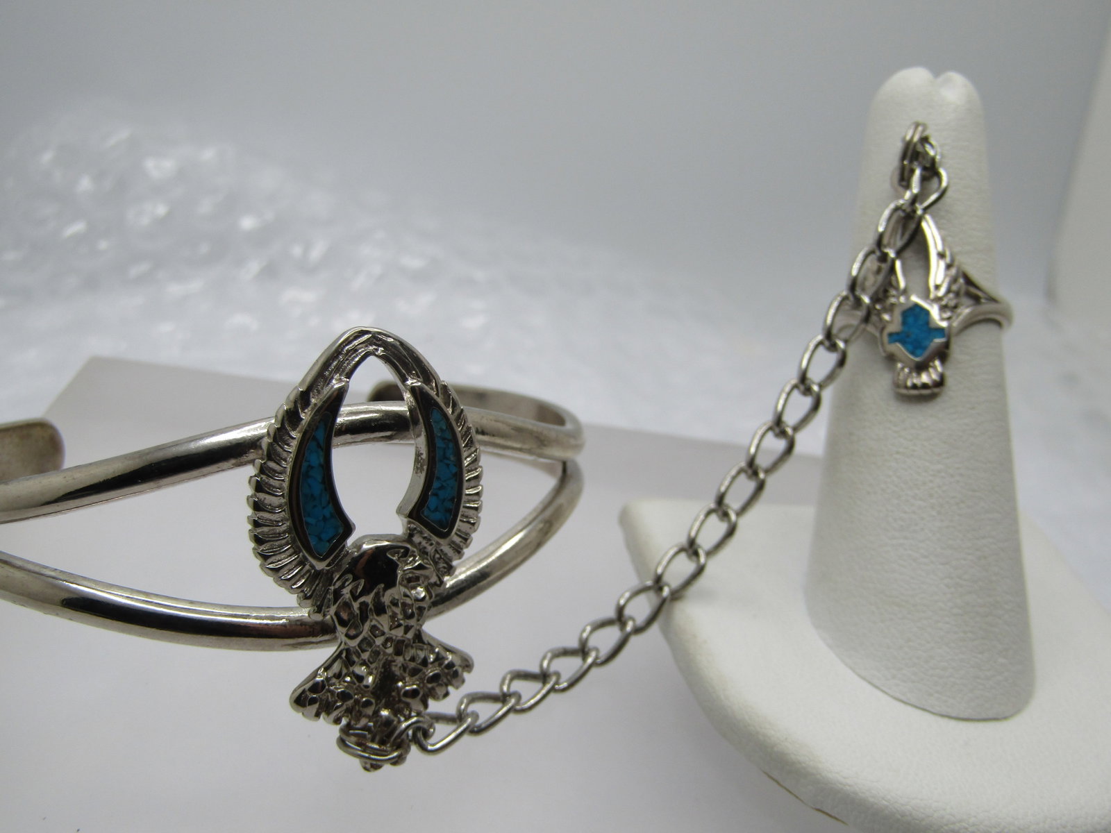 Turquoise Chip Biker Bracelet with Attached Ring, 7" and Ring is Sz. 6 - 2
