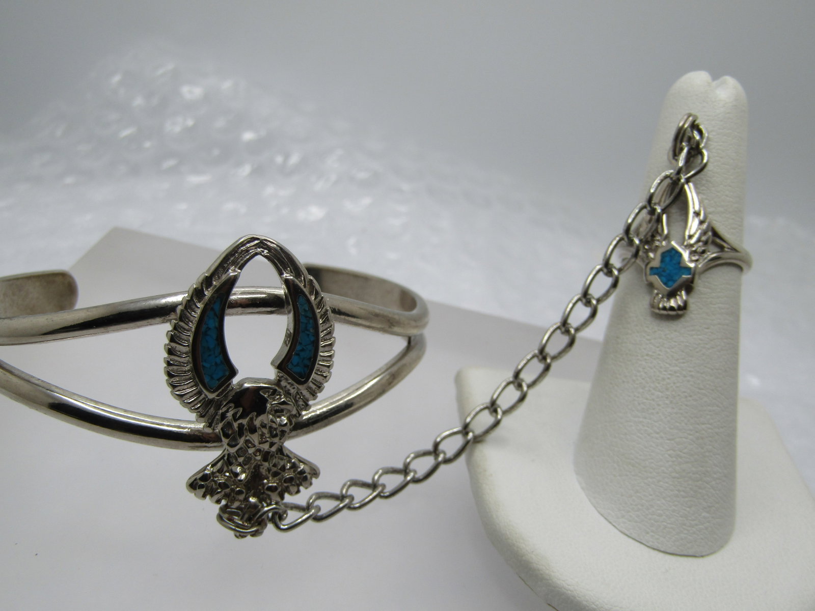 Turquoise Chip Biker Bracelet with Attached Ring, 7" and Ring is Sz. 6 - 3