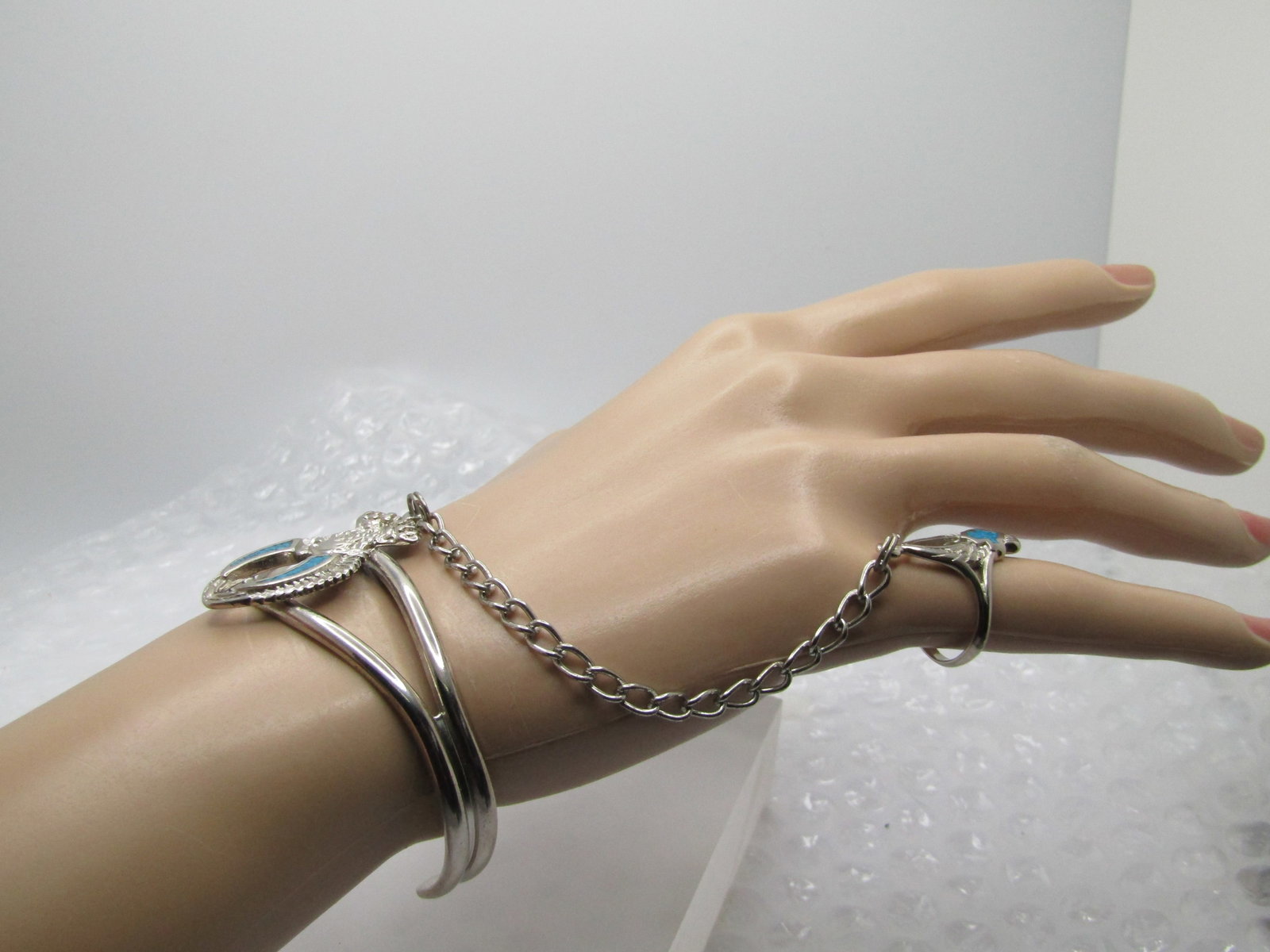 Turquoise Chip Biker Bracelet with Attached Ring, 7" and Ring is Sz. 6 - 5