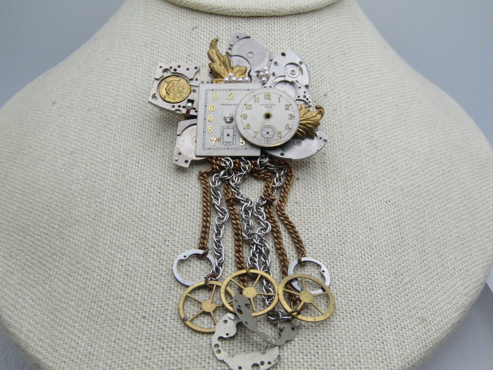 Vintage Watch Face/Gears Brooch, Long Dangles, Steampunk Vibe, 1980's-1990's,: Title: Vintage Watch Face/Gears Brooch, Long Dangles, Steampunk Vibe, 1980's-1990's, Description: Vintage Watch Face/Gears Brooch, Long Dangles, Steampunk Vibe, 1980's-1990's, 5" long and 2" wide. The