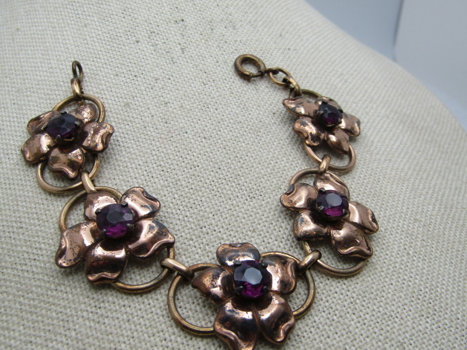 Vintage Sterling Vermeil Floral Link Bracelet, 6.75", 1940's, Purple Stones - 2