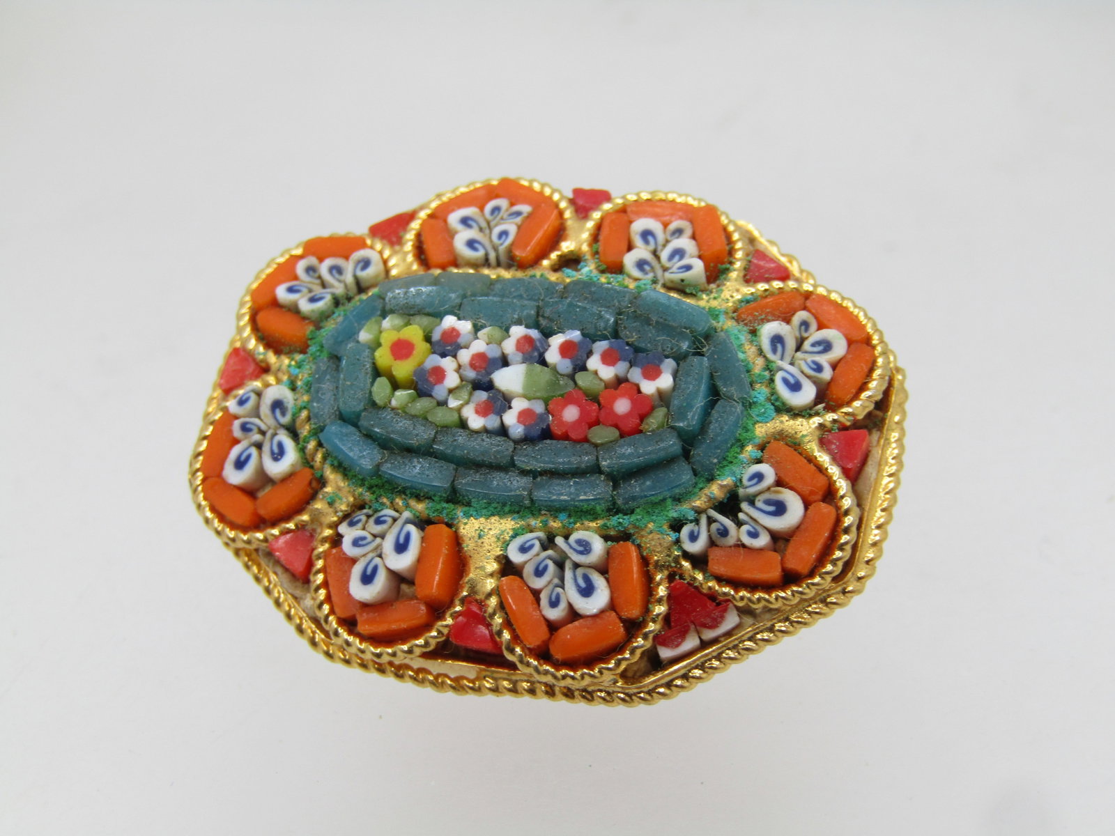 Vintage Micro Mosiac Orange Floral Brooch, Signed J ITALY, 1960's - 2