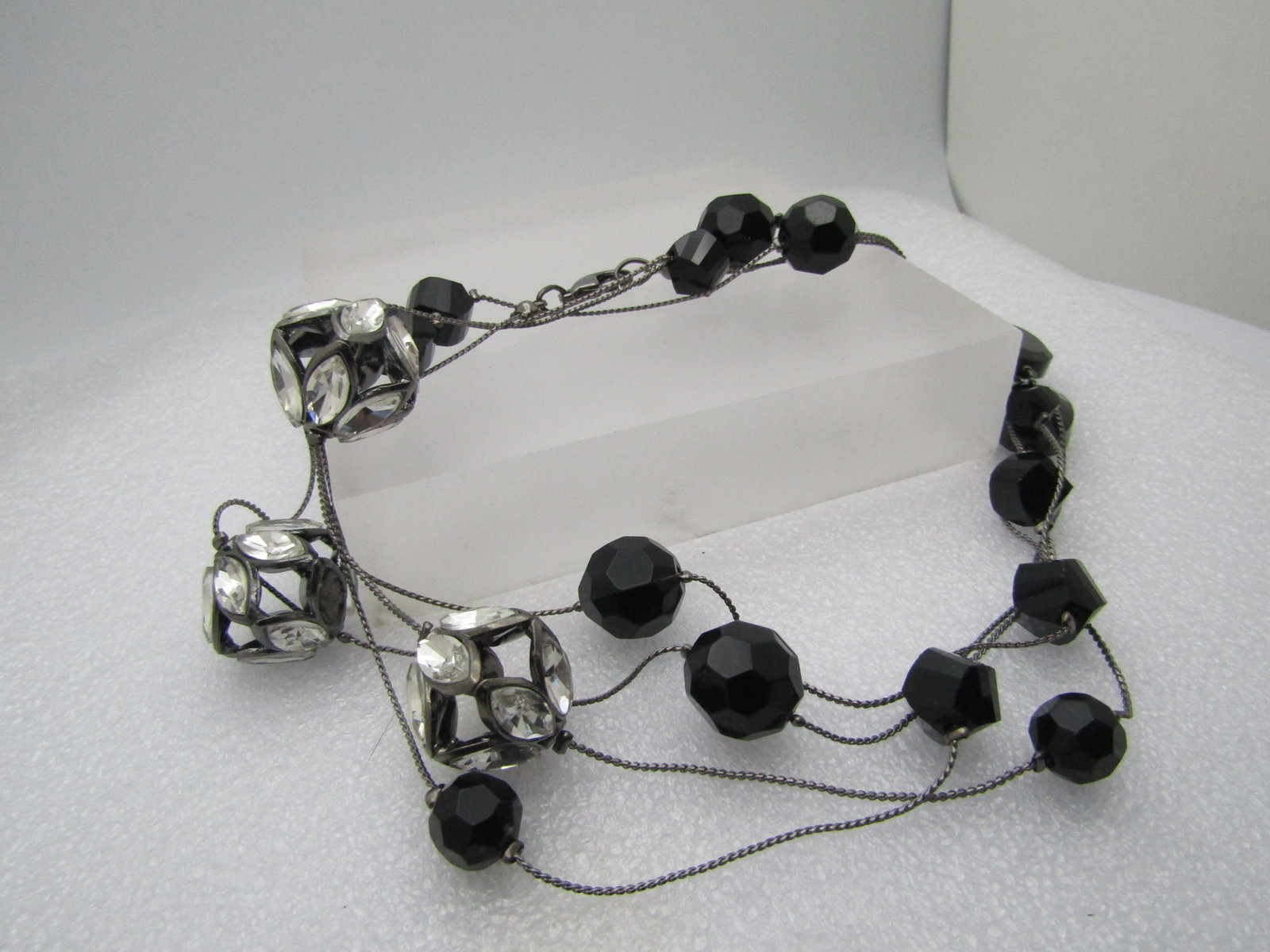Vintage Black Beaded and Clear Rhinestone Beaded Necklace, 58" (1 of 4)