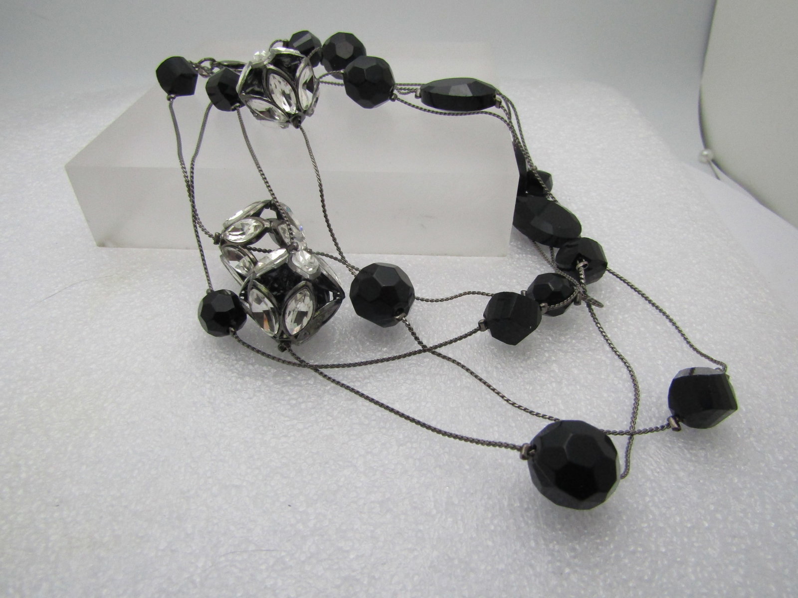 Vintage Black Beaded and Clear Rhinestone Beaded Necklace, 58" - 2