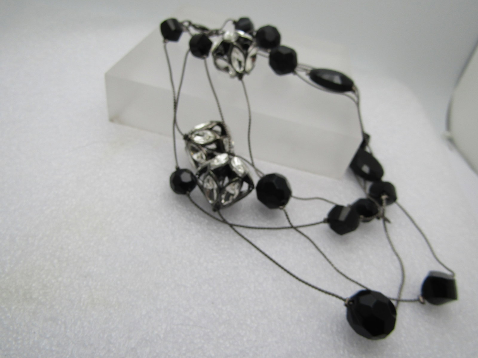 Vintage Black Beaded and Clear Rhinestone Beaded Necklace, 58" - 3