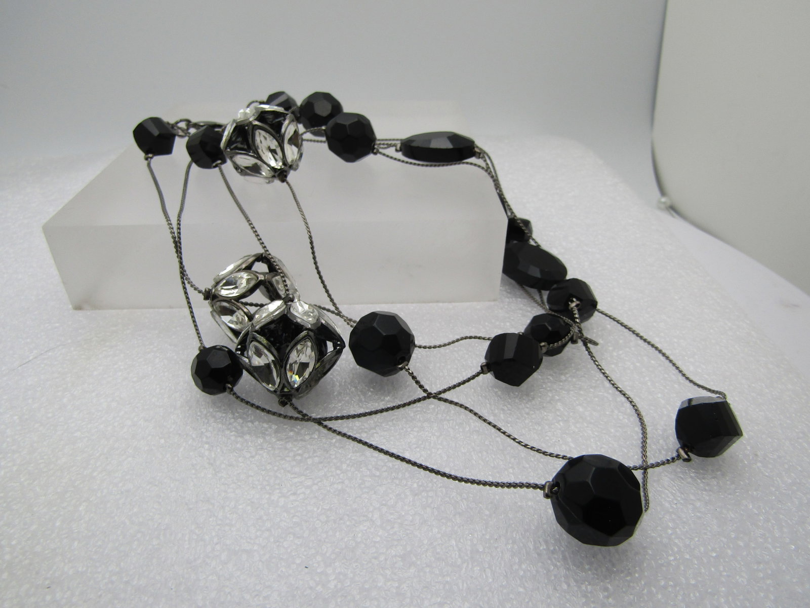 Vintage Black Beaded and Clear Rhinestone Beaded Necklace, 58" - 4