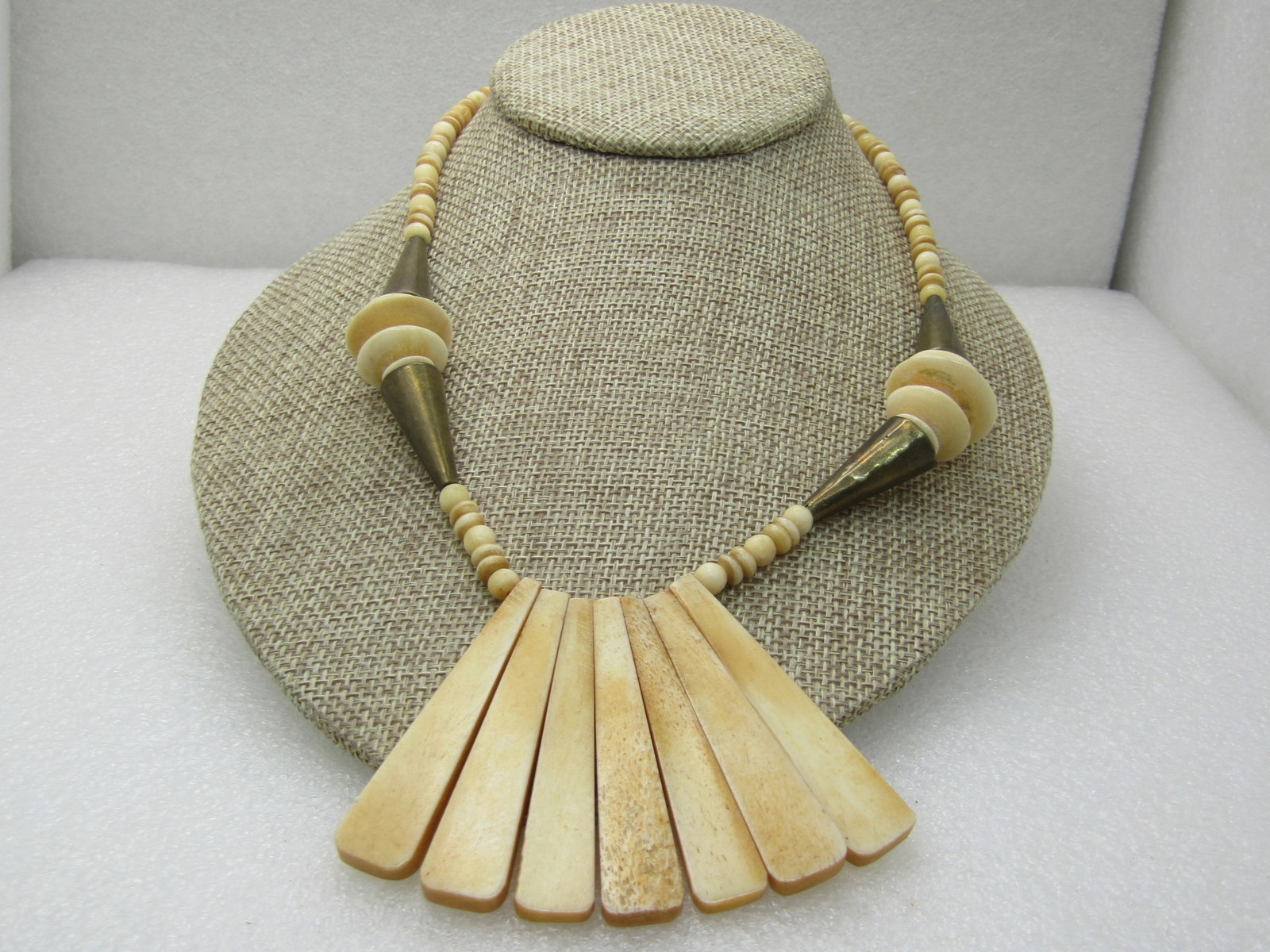 Vintage Tribal Brass and Bone Bib Necklace, 18.5", 1960's - 2