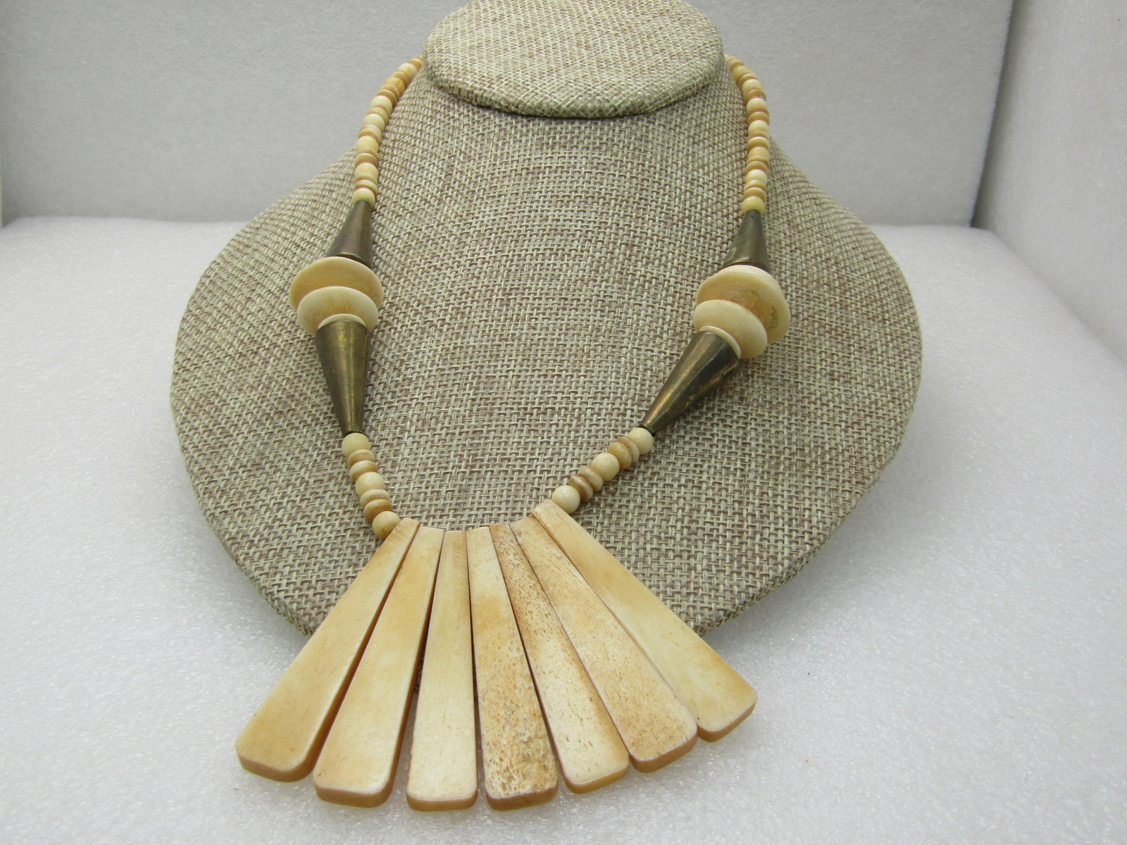 Vintage Tribal Brass and Bone Bib Necklace, 18.5", 1960's - 3