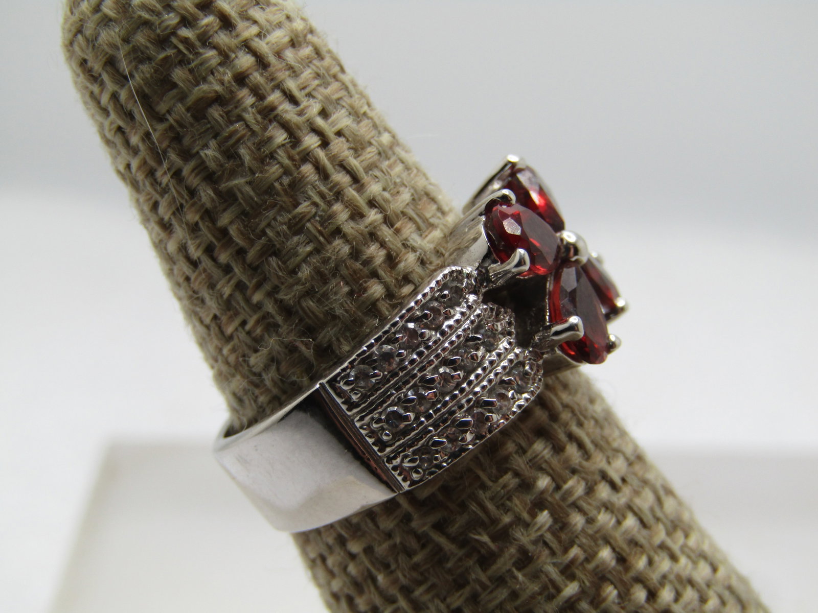 Silver Plated Tourmaline Floral or Butterfly and CZ Wide Ring, Sz. 7, 1990's - 3