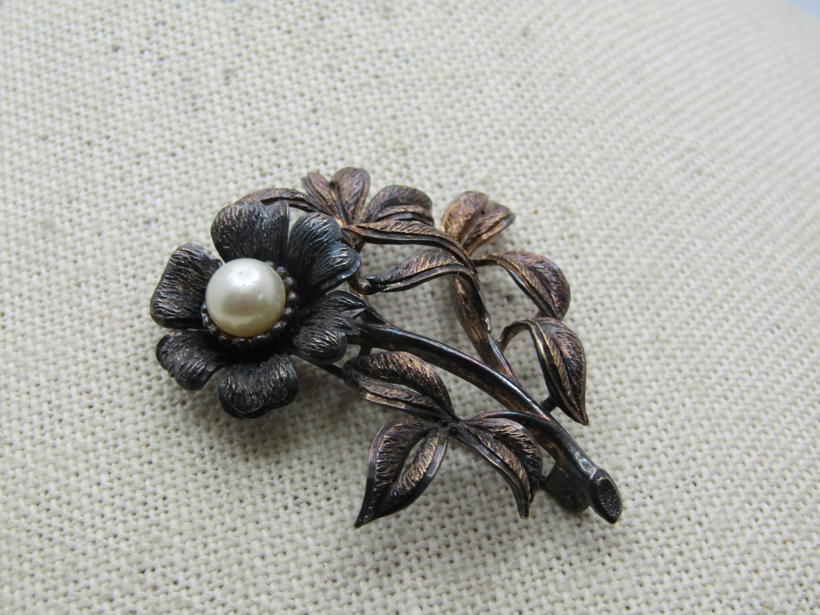 Vintage Floral Stem and Faux Pearl Brooch, Trombone Clasp. Post Mid-Century. Signed with a star (1 of 6)
