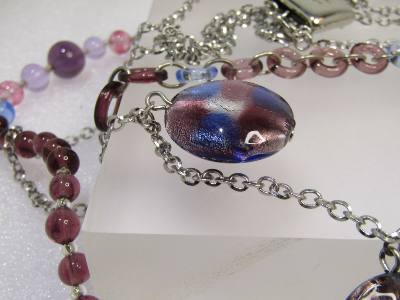 Triple strand glass beaded necklace, with murano art beads, 23"-35". , Signed Antica Murrina, - 3