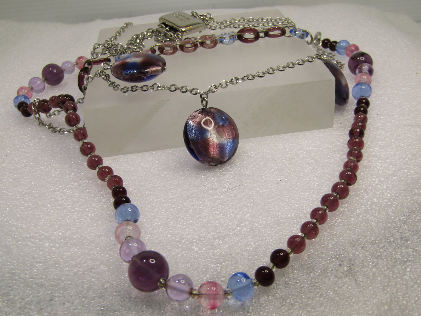 Triple strand glass beaded necklace, with murano art beads, 23"-35". , Signed Antica Murrina, - 4