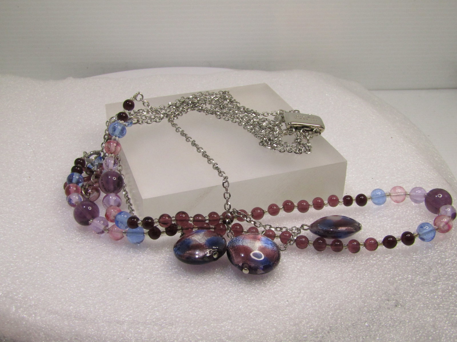 Triple strand glass beaded necklace, with murano art beads, 23"-35". , Signed Antica Murrina, - 5