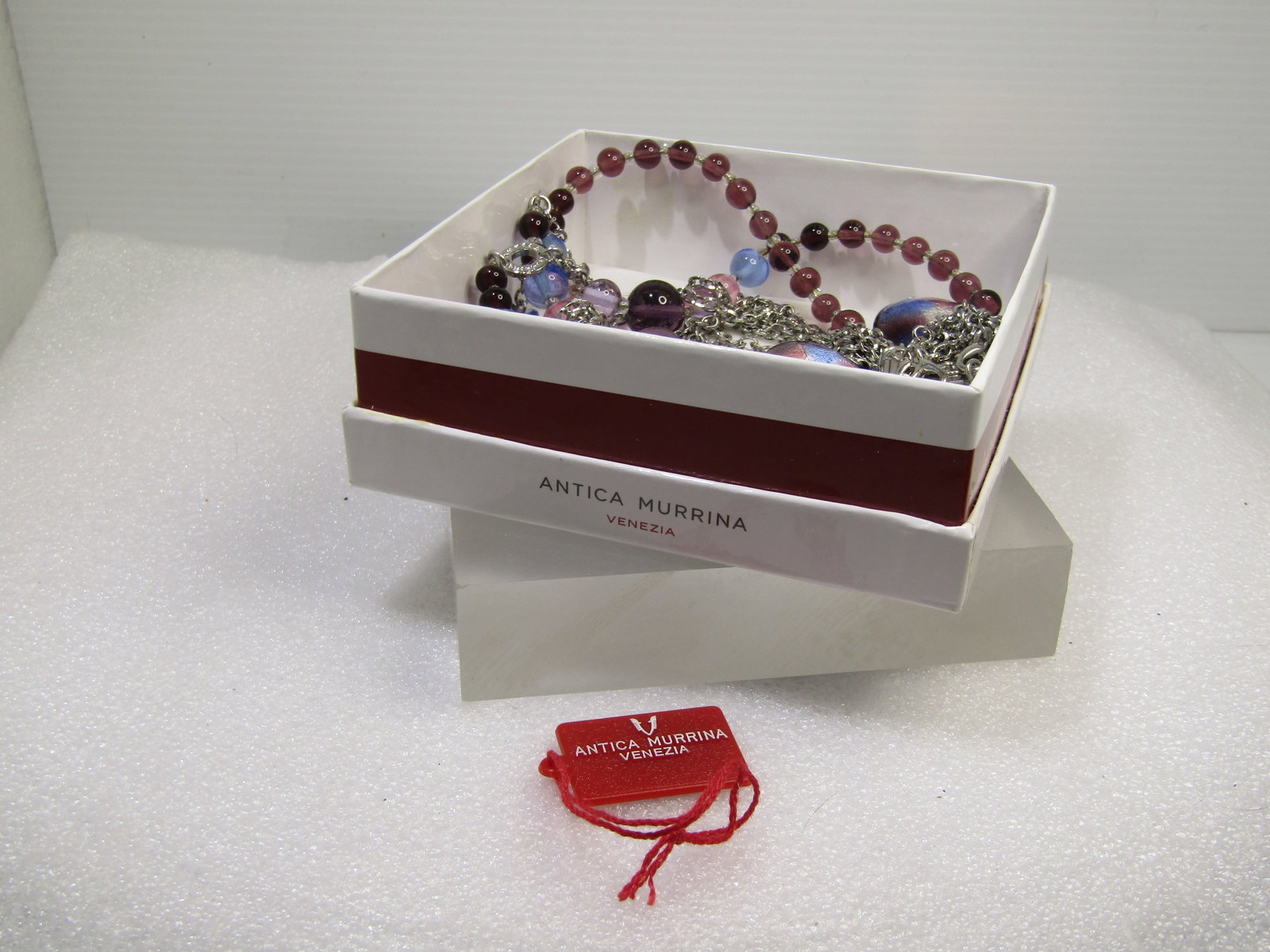 Triple strand glass beaded necklace, with murano art beads, 23"-35". , Signed Antica Murrina, - 7