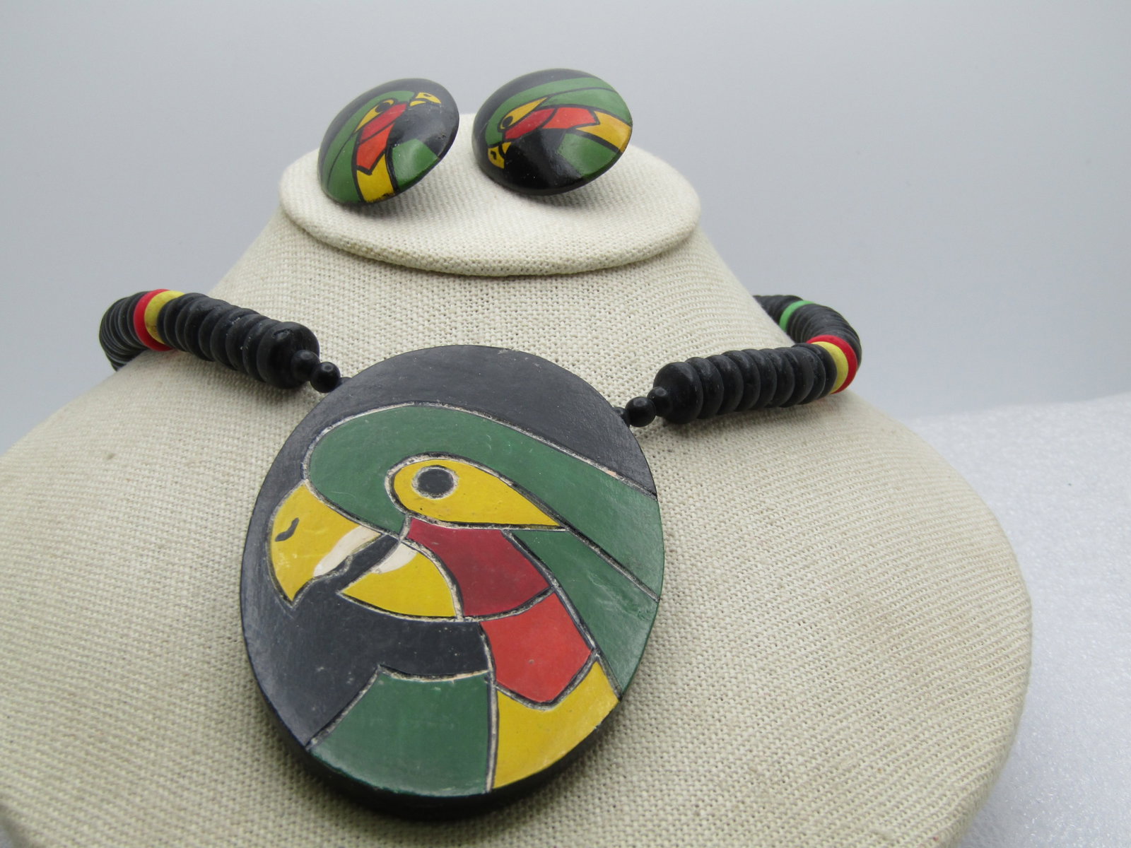 Vintage Wood Painted Parrot Necklace/Earrings Set, Phillipines, 1970's-1980's - 2