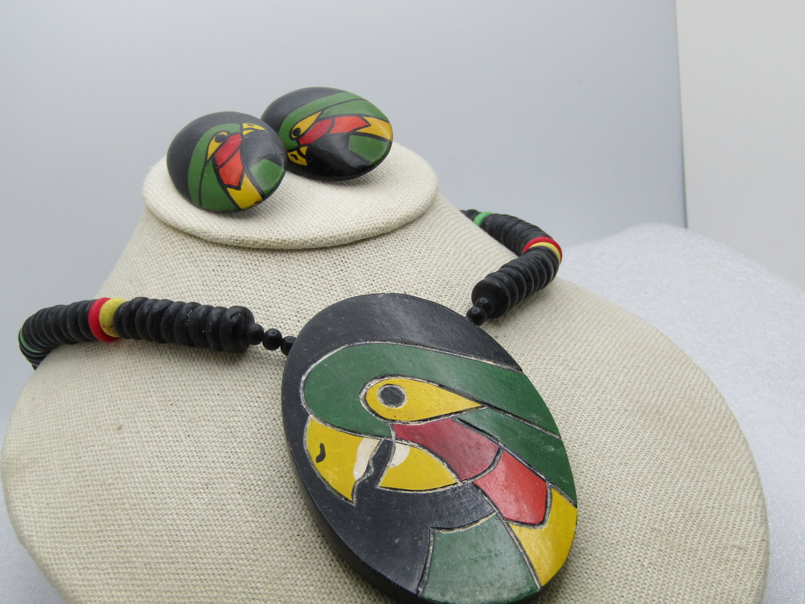 Vintage Wood Painted Parrot Necklace/Earrings Set, Phillipines, 1970's-1980's - 3