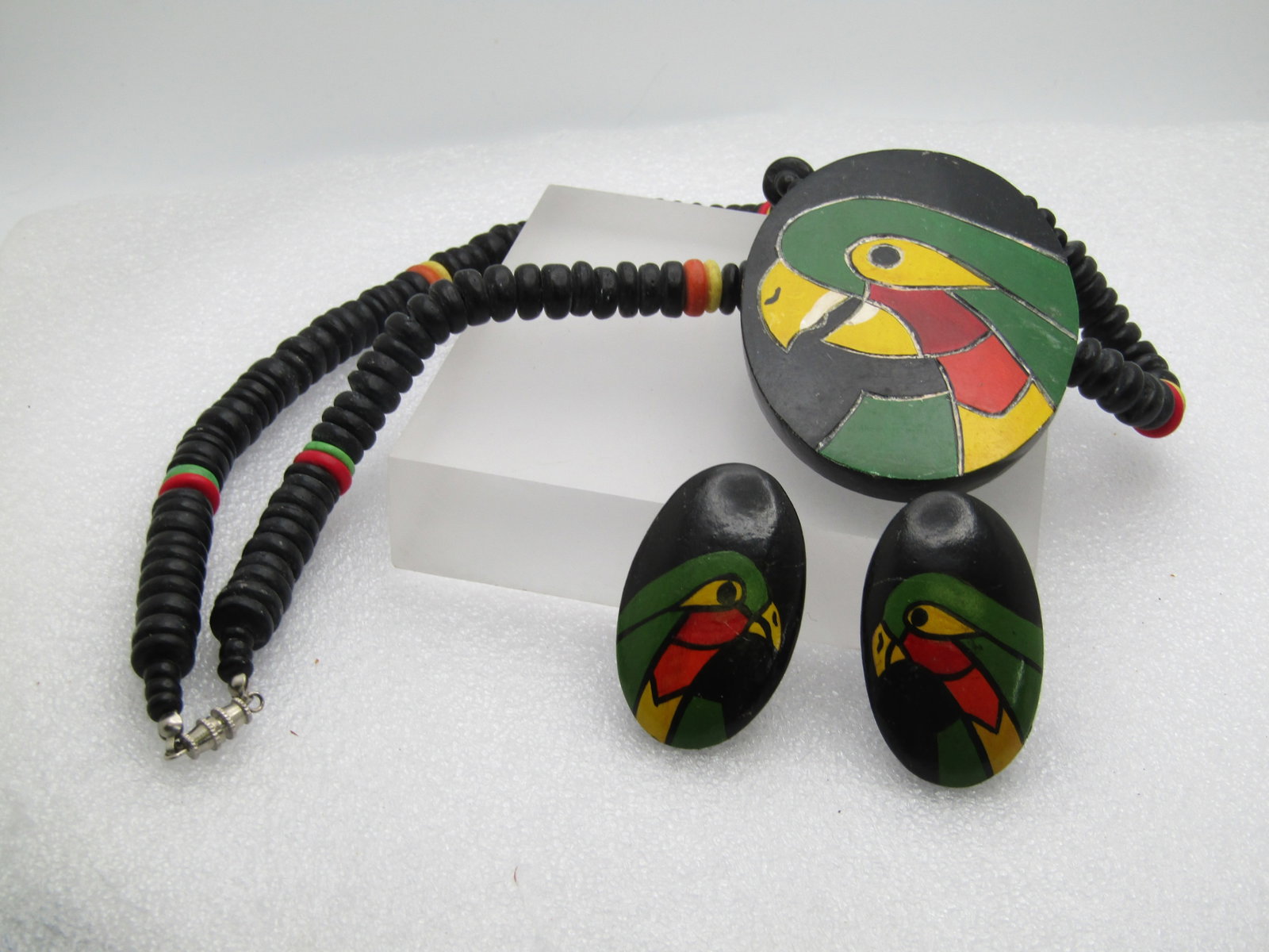 Vintage Wood Painted Parrot Necklace/Earrings Set, Phillipines, 1970's-1980's - 4