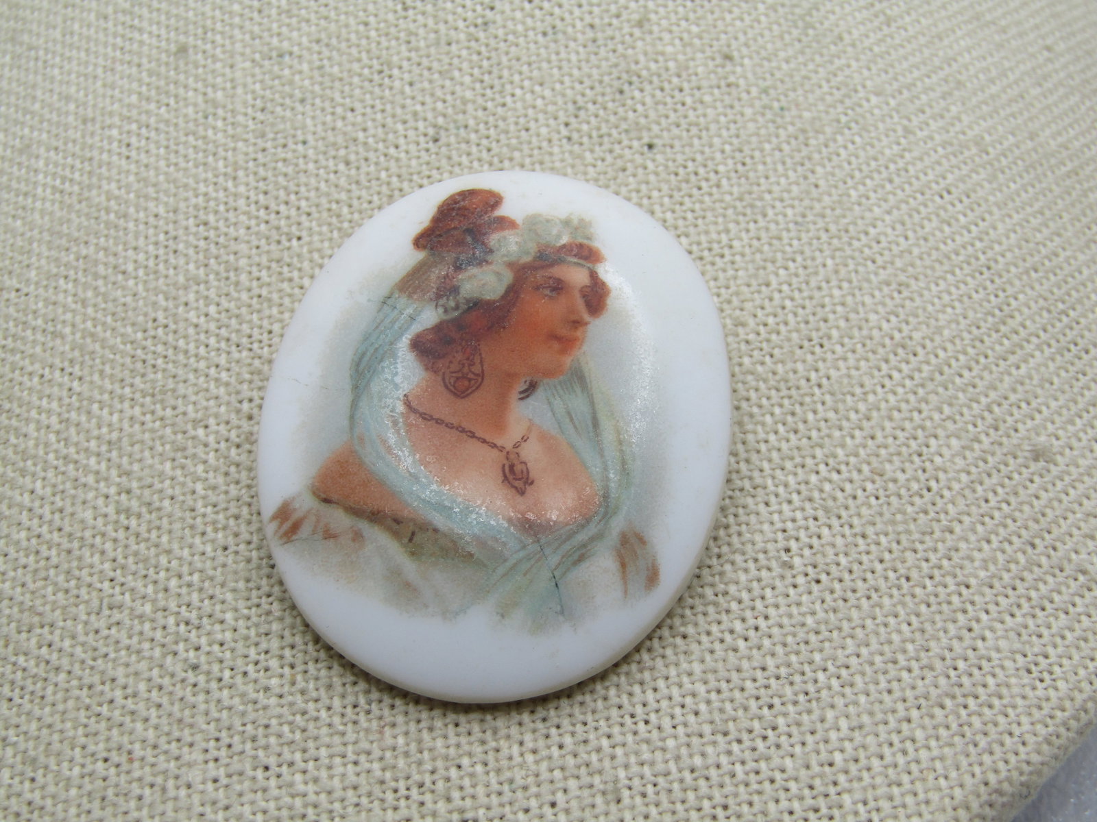Vintage Painted Woman Brooch, Cameo-ish, C-Clasp Early 1900's: Title: Vintage Painted Woman Brooch, Cameo-ish, C-Clasp Early 1900's Description: Vintage Painted Woman Brooch, Cameo-ish, C-Clasp Early 1900's. Oval and appx. 1.75" by 1.5" domed white glass with a p