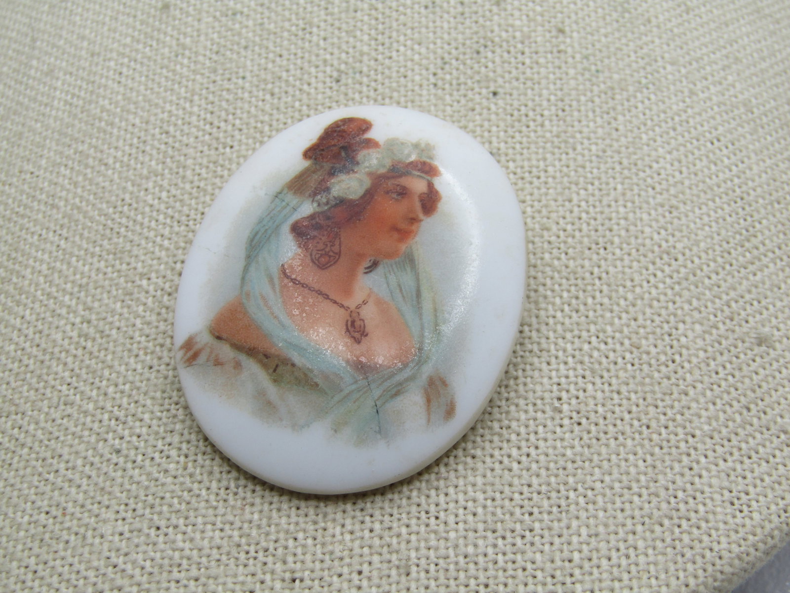 Vintage Painted Woman Brooch, Cameo-ish, C-Clasp Early 1900's - 2
