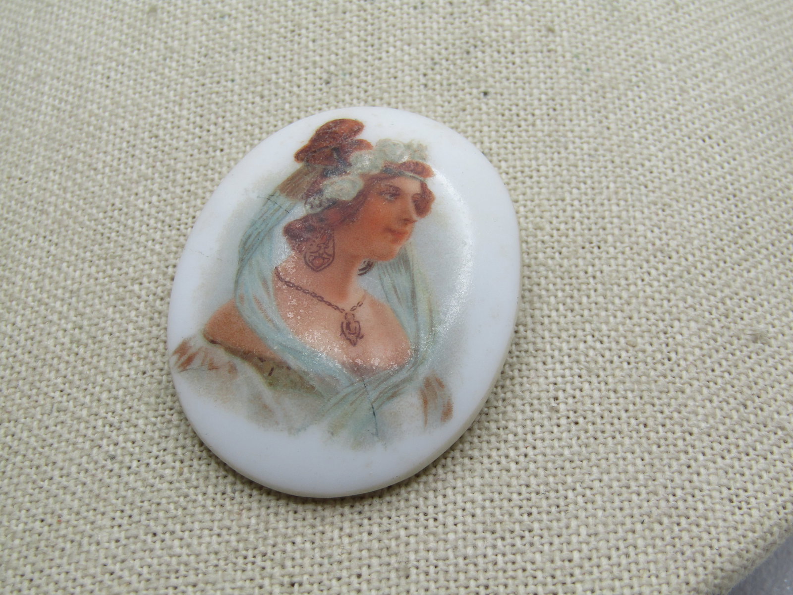 Vintage Painted Woman Brooch, Cameo-ish, C-Clasp Early 1900's - 3