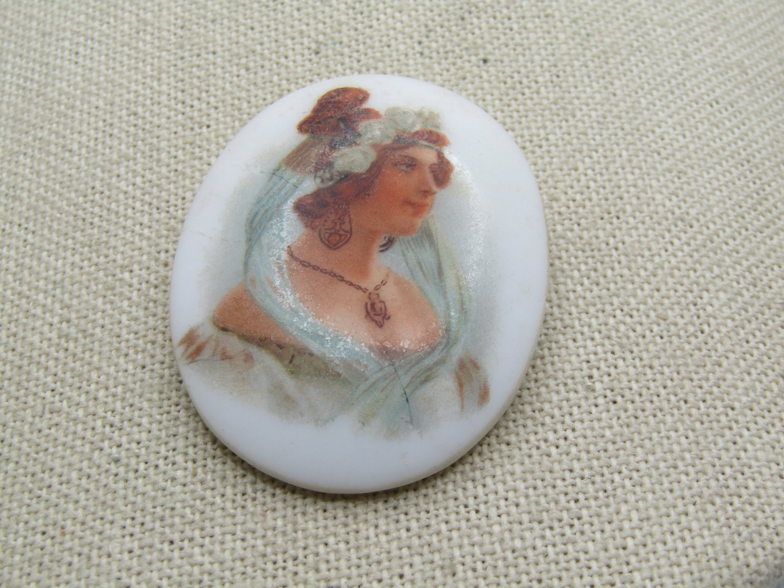 Vintage Painted Woman Brooch, Cameo-ish, C-Clasp Early 1900's - 4