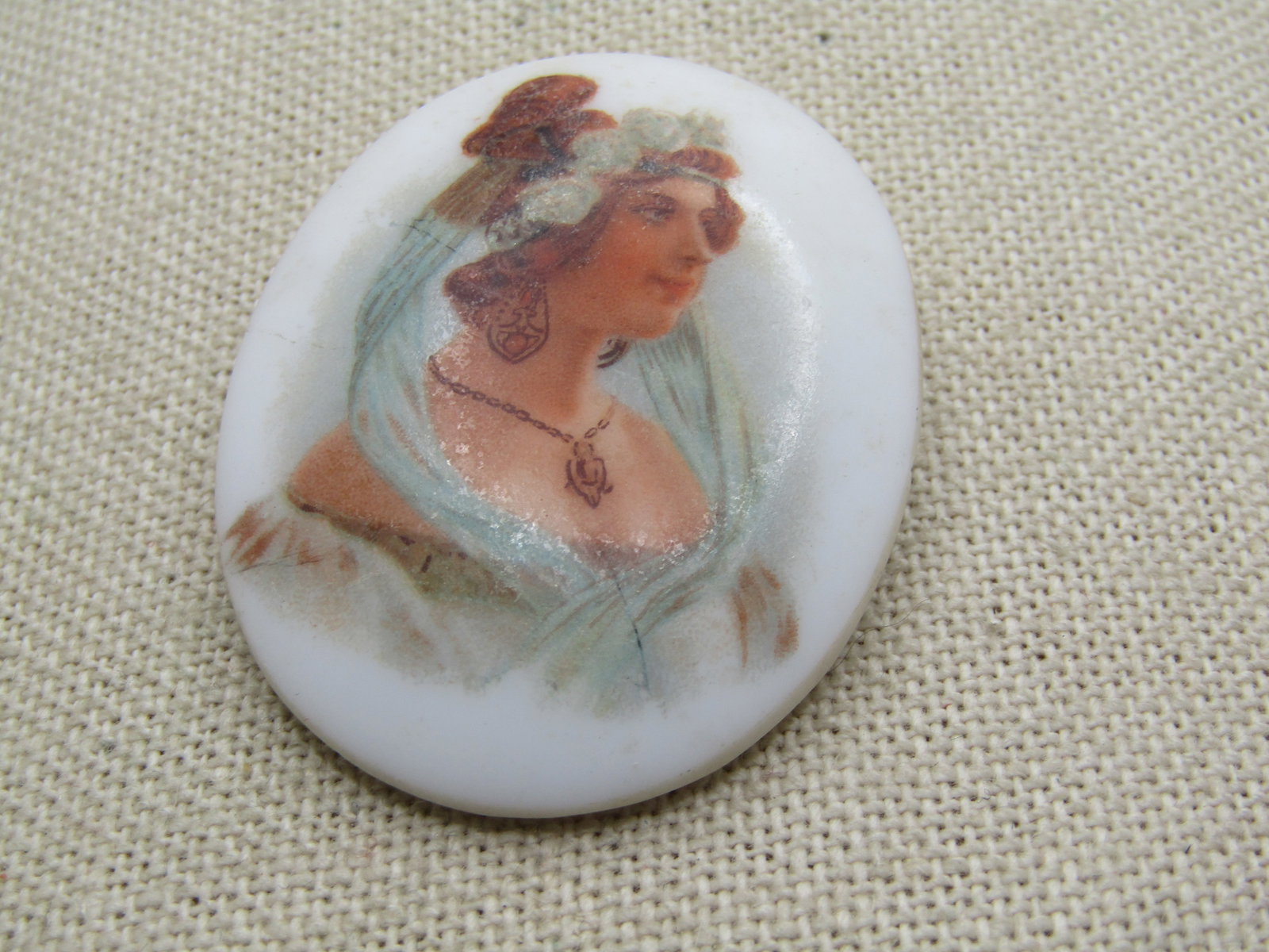 Vintage Painted Woman Brooch, Cameo-ish, C-Clasp Early 1900's - 5