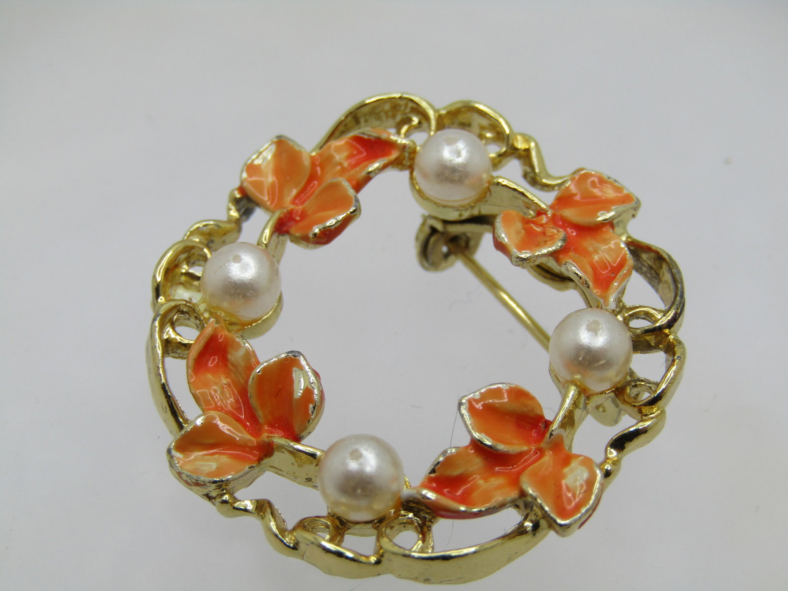 Vintage Floral Enameled Circle Brooch, Faux Pearls, Gerry's, 1960's - 2