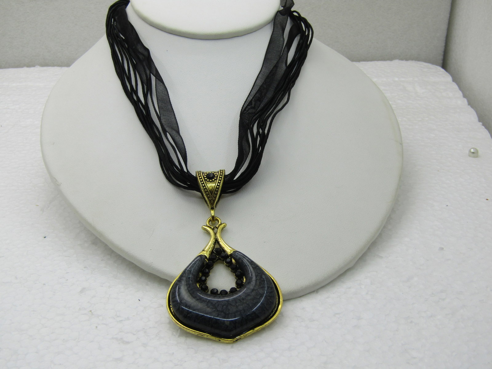 Black Pendant on 16" Black Multi-Strand Ribbon Necklace with Rhinestones. (1 of 5)